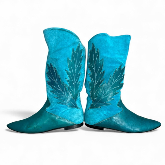 Vintage 70s 80s turquoise Italian suede leather applique mid calf flat boots 8 - Picture 2 of 15